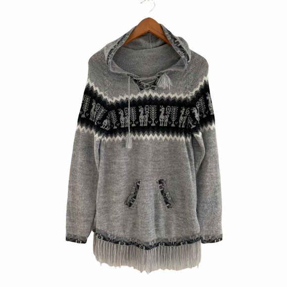 Handmade in Peru Albinaas Alpaca Fringe Hooded Fringe Sweater - Picture 1 of 9